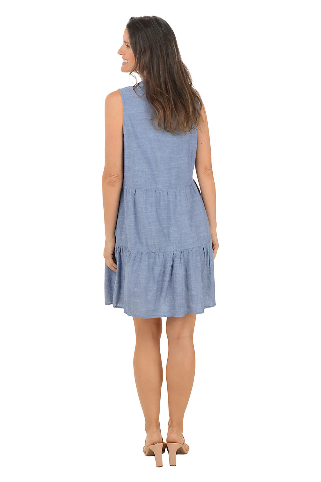 Chambray Tie-Neck Pleated Sleeveless Dress - Image 3