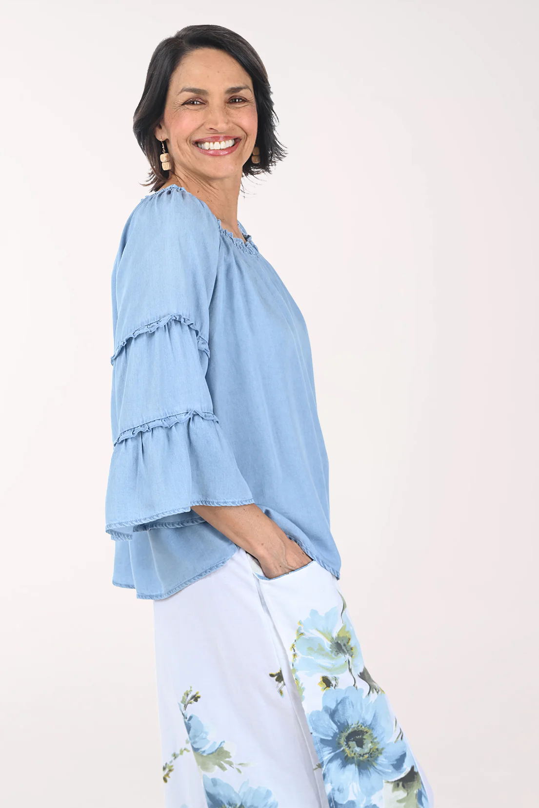 Chambray Tencel Ruffled Bell Sleeve Blouse - Image 4