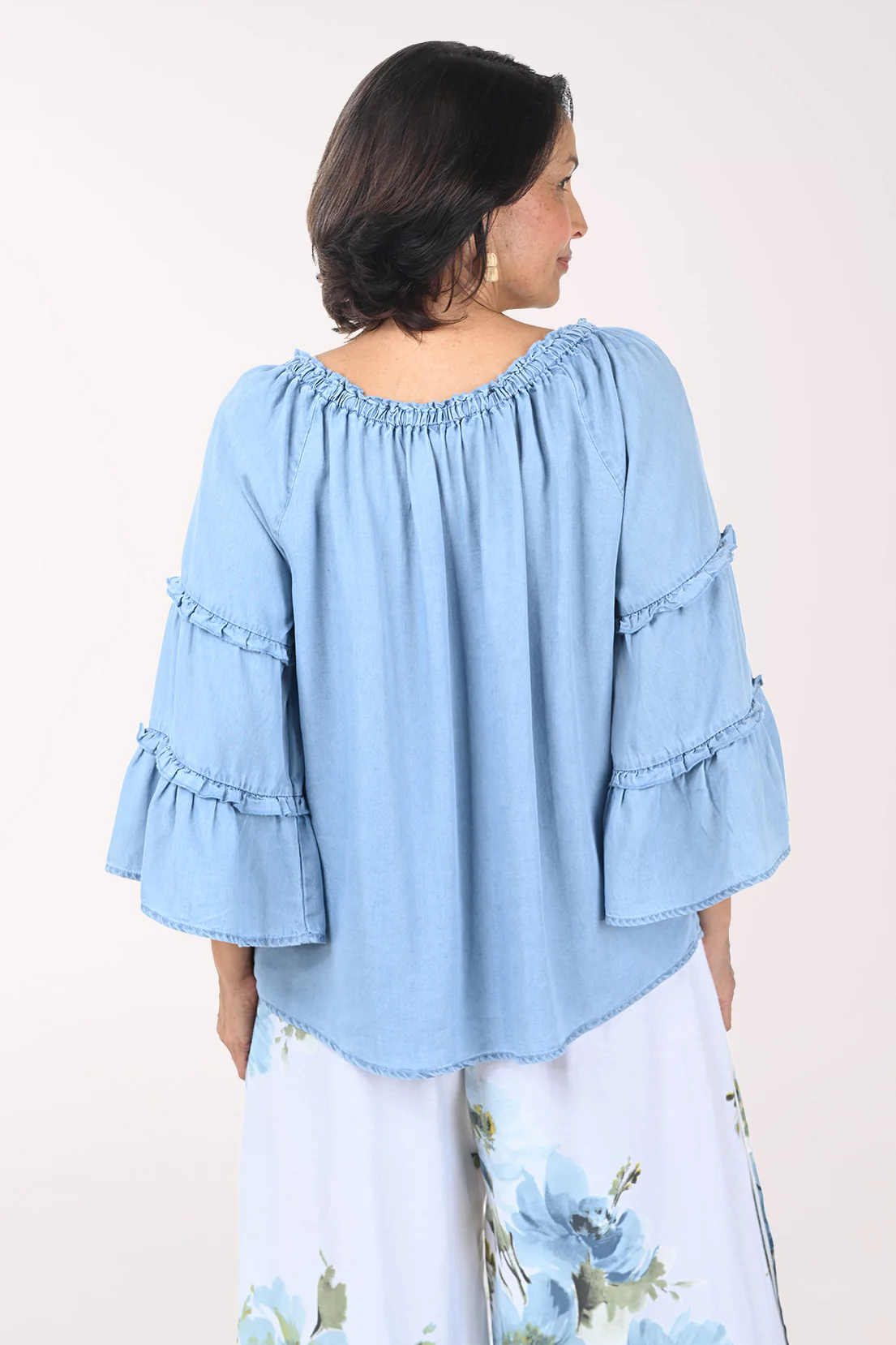 Chambray Tencel Ruffled Bell Sleeve Blouse - Image 5