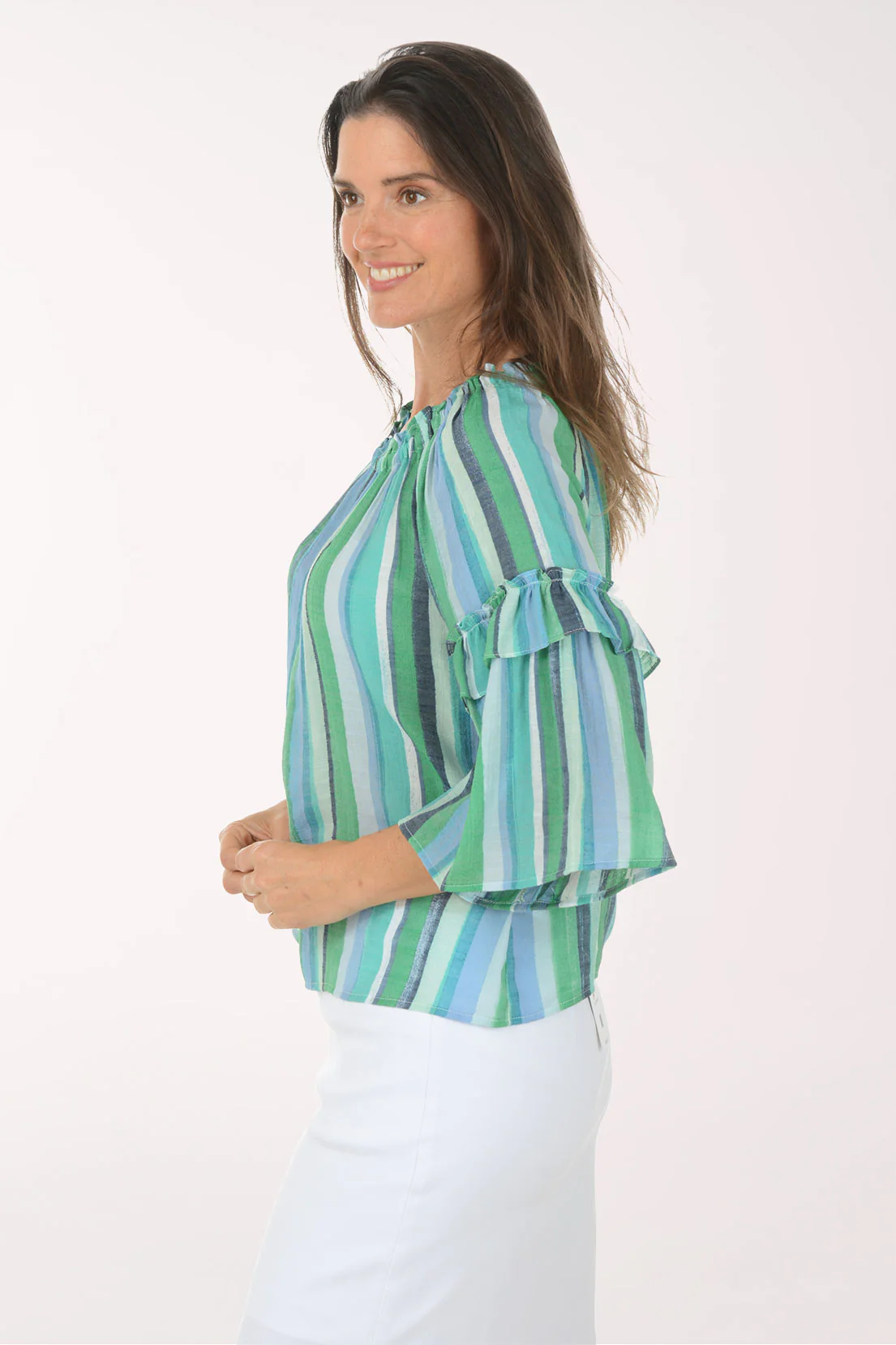 Forest Striped Ruffled Bell Sleeve Blouse - Image 2