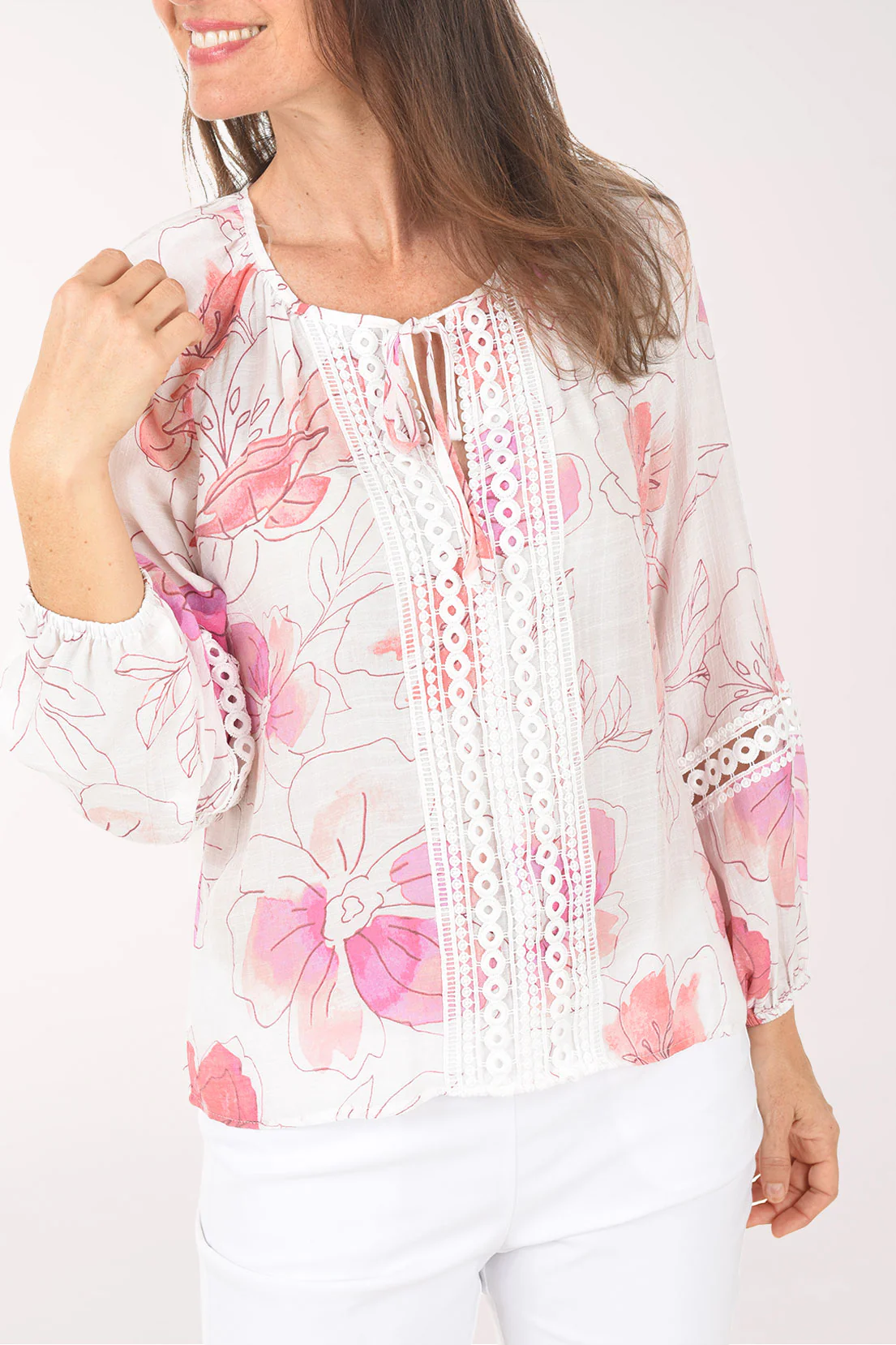 Carnelian Crochet Trim Tie-Neck Blouse - Image 4