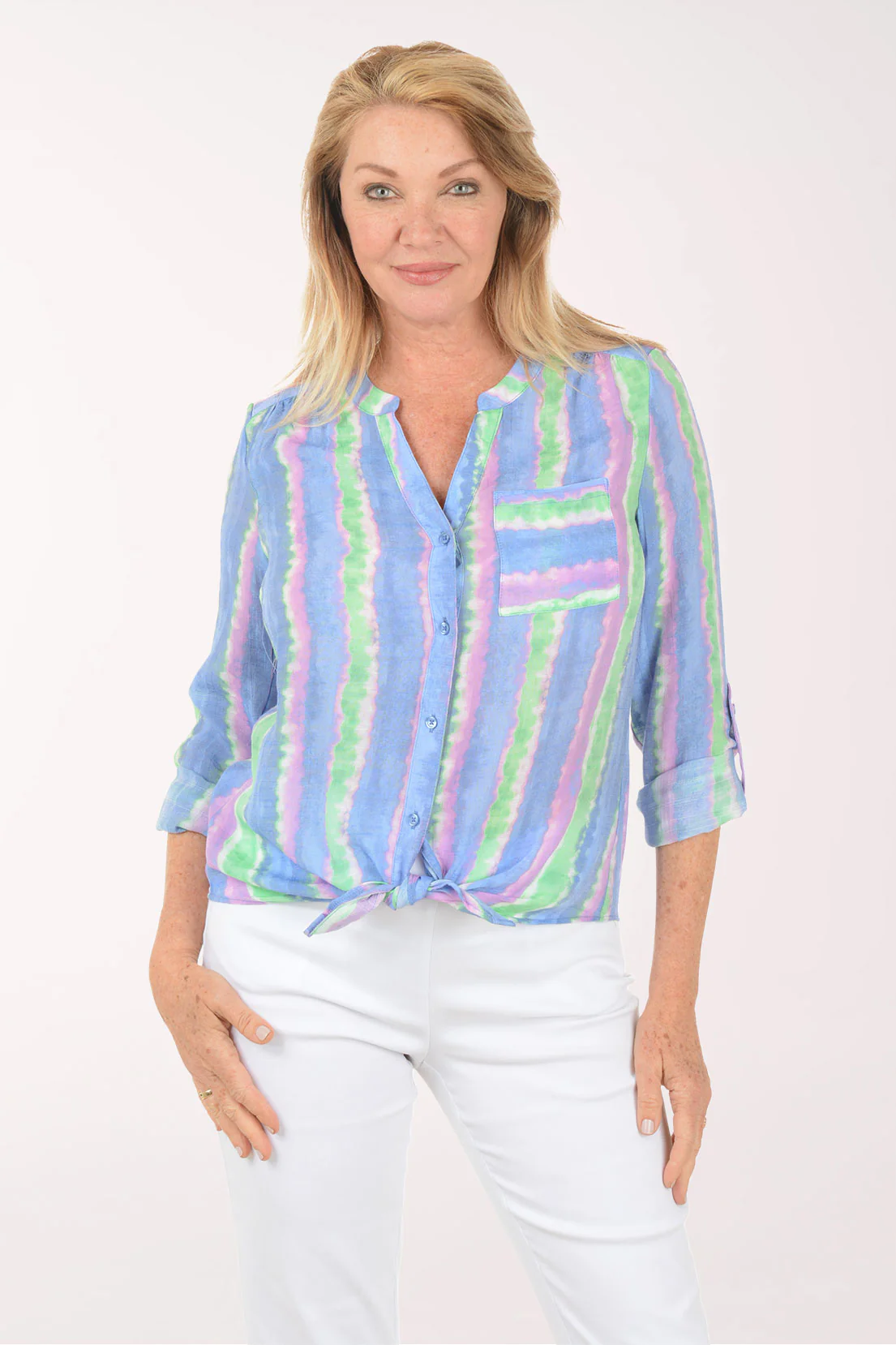 Violet Striped Button-Front Blouse
