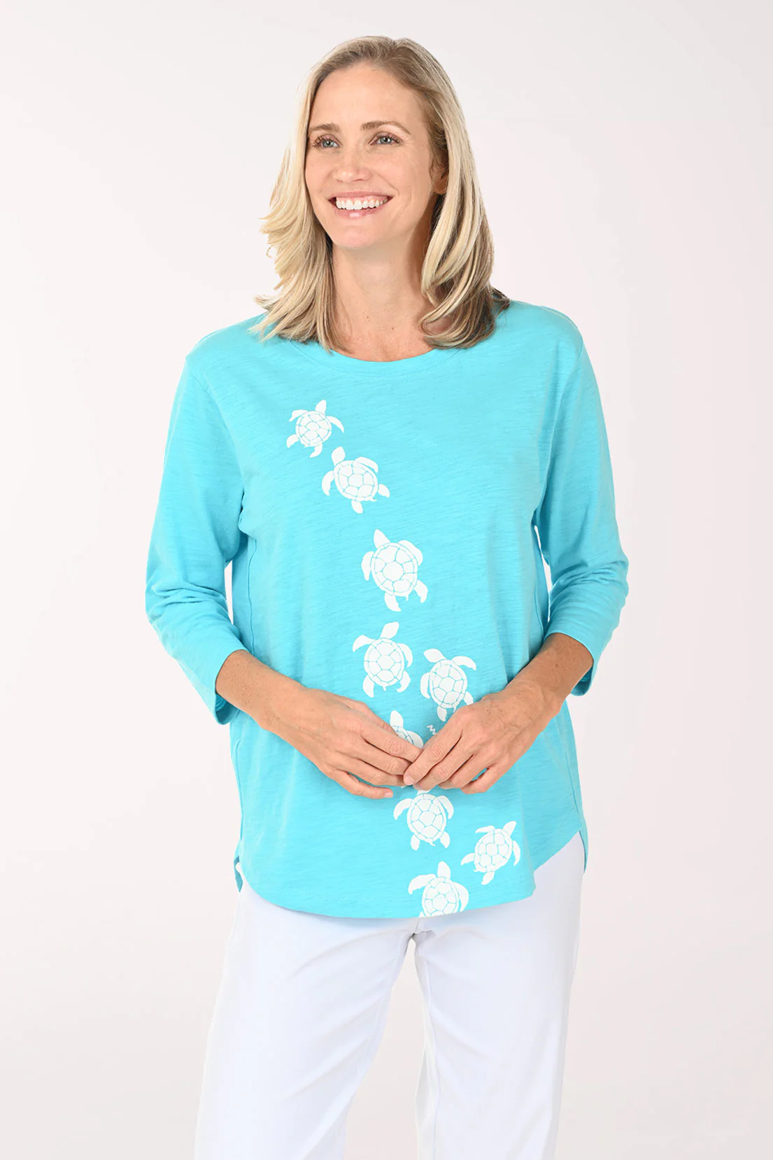 White And Pool Blue Turtles Cotton Tunic Top - Image 4
