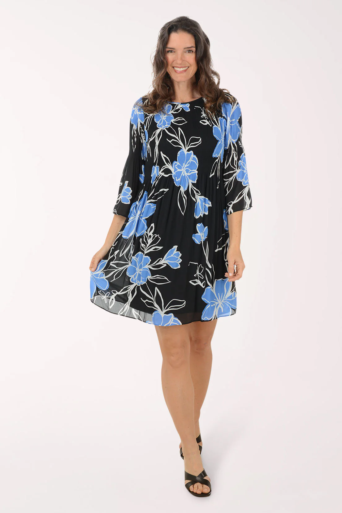 Blue Geranium Pleated Bell Sleeve Dress