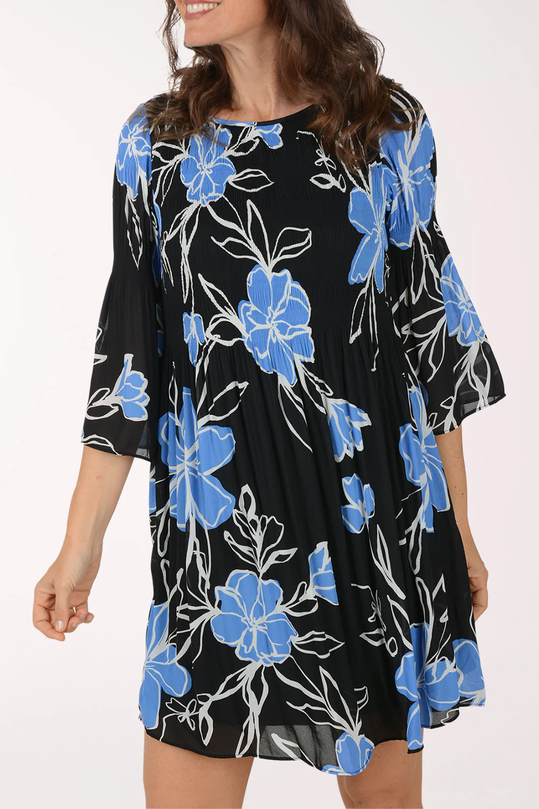 Blue Geranium Pleated Bell Sleeve Dress - Image 4