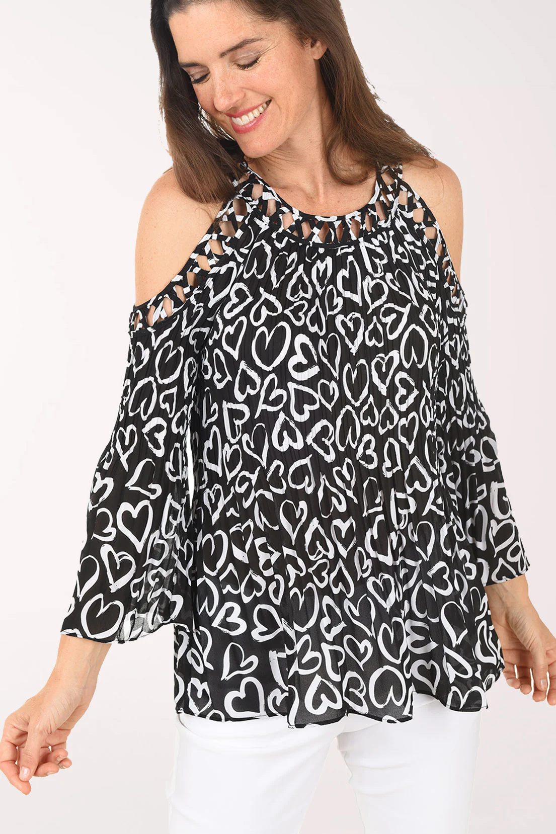Floating Hearts Lattice Cold Shoulder Blouse - Image 4
