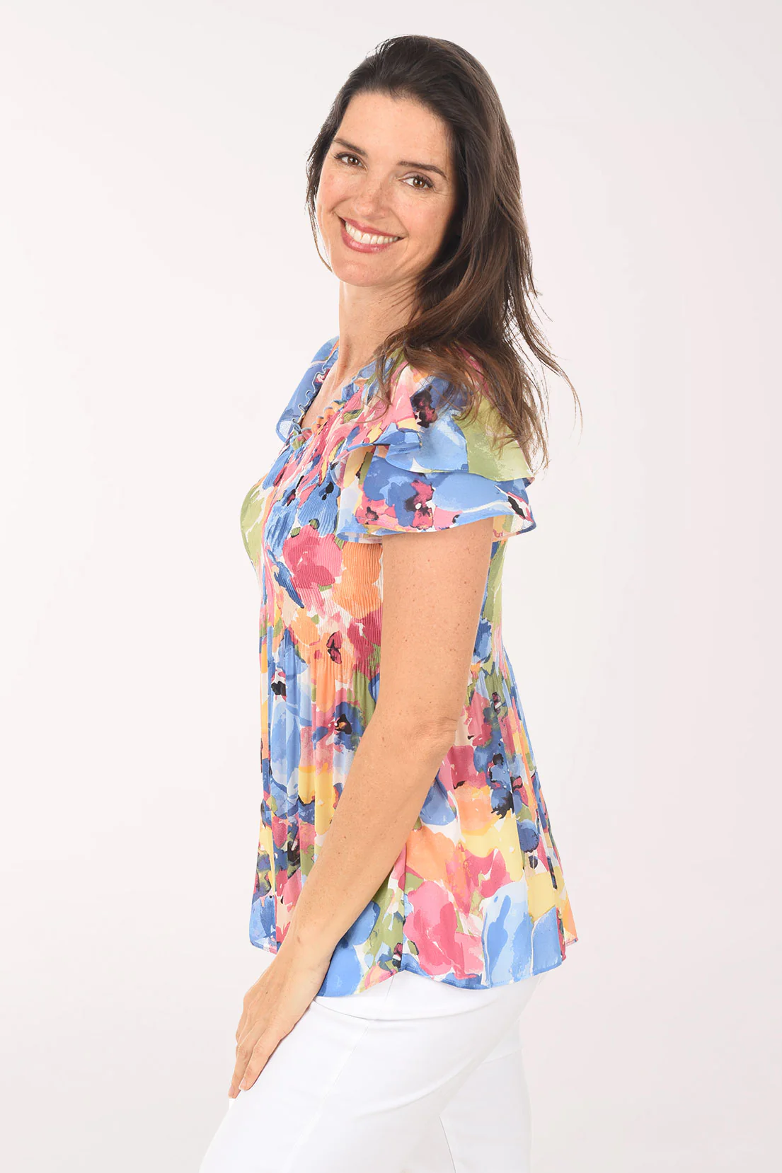 Mauve Floral Flounce Sleeve Pleated Blouse - Image 2