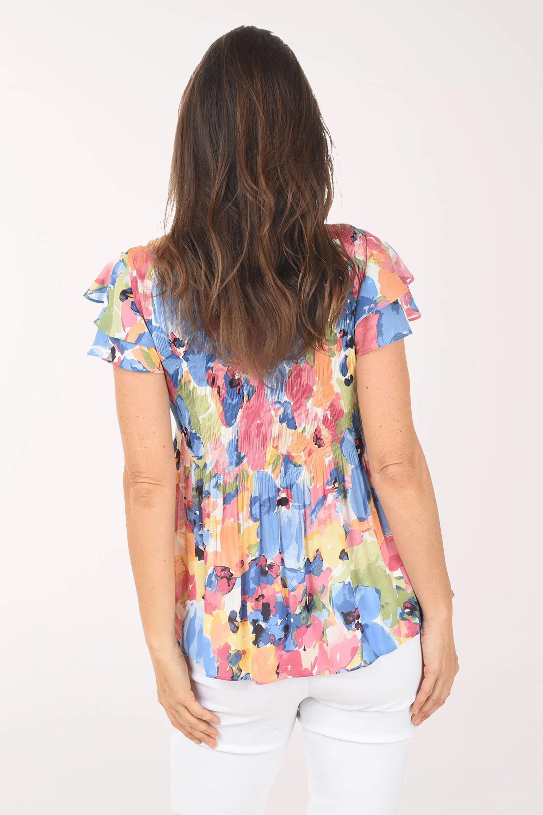 Mauve Floral Flounce Sleeve Pleated Blouse - Image 3