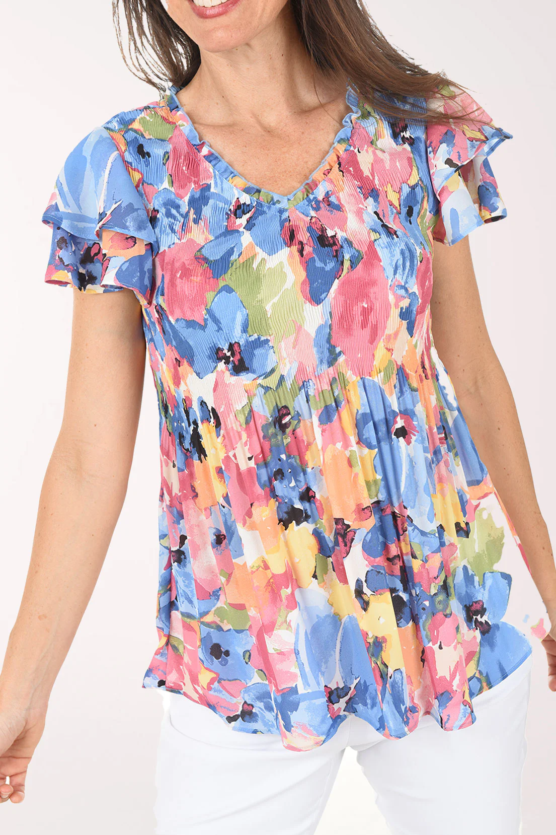 Mauve Floral Flounce Sleeve Pleated Blouse - Image 4