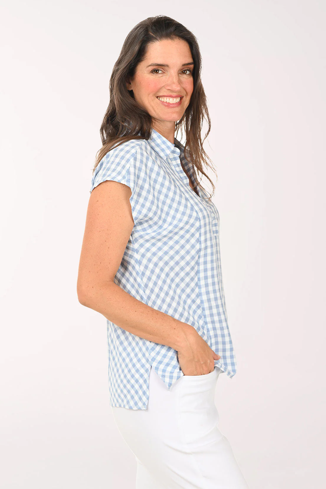 Gingham Collared Cap Sleeve Blouse - Image 2