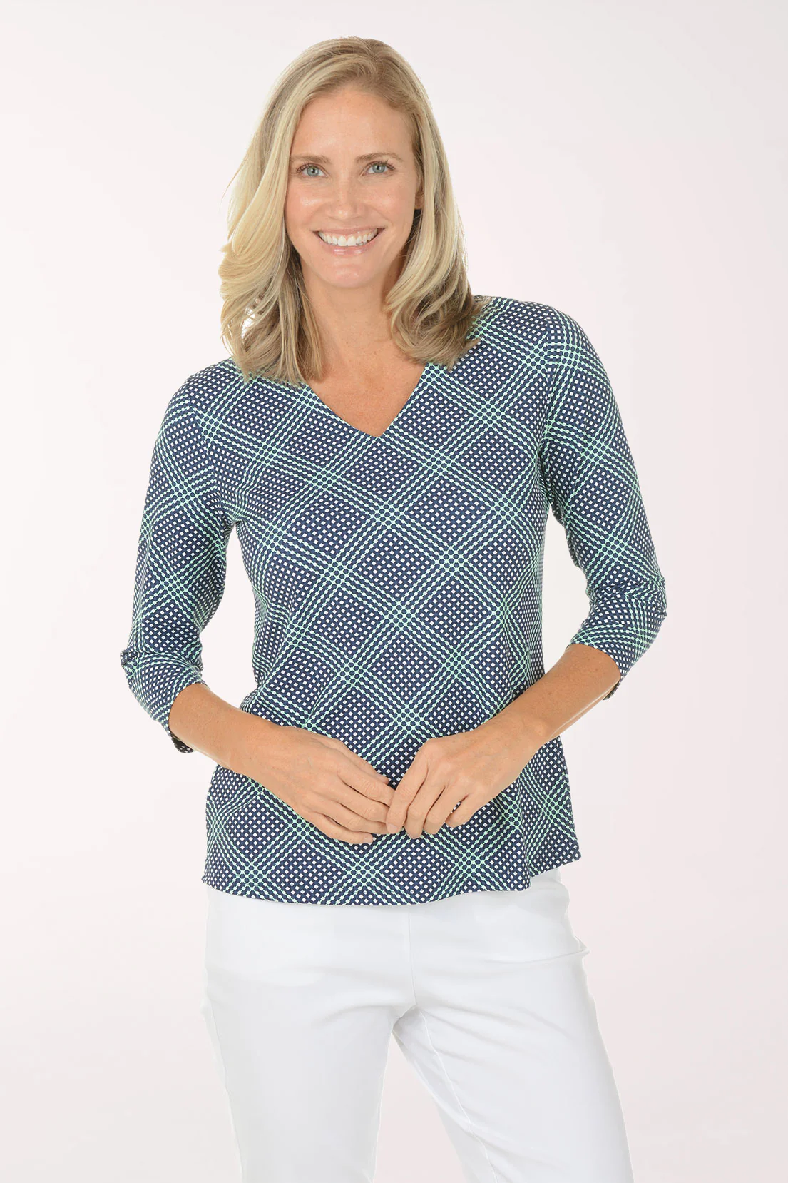 Navy Gingham UPF50+ V-Neck Top