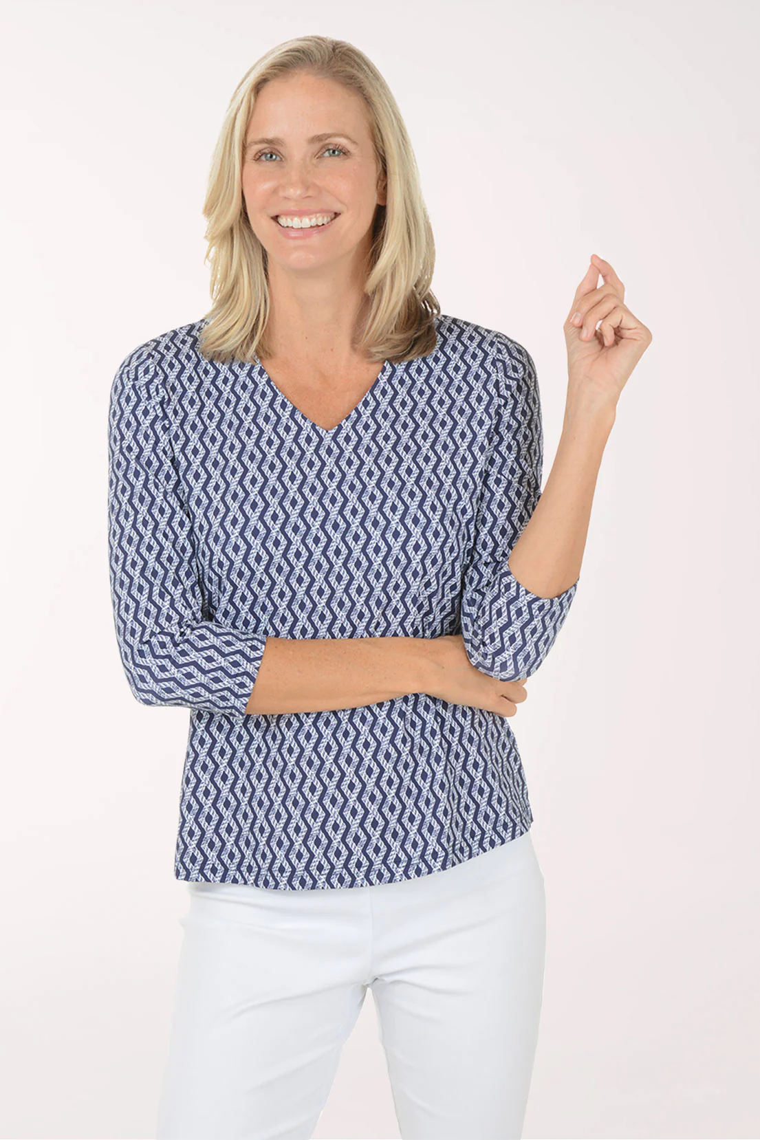 Navy Argyle Rope UPF50+ V-Neck Top