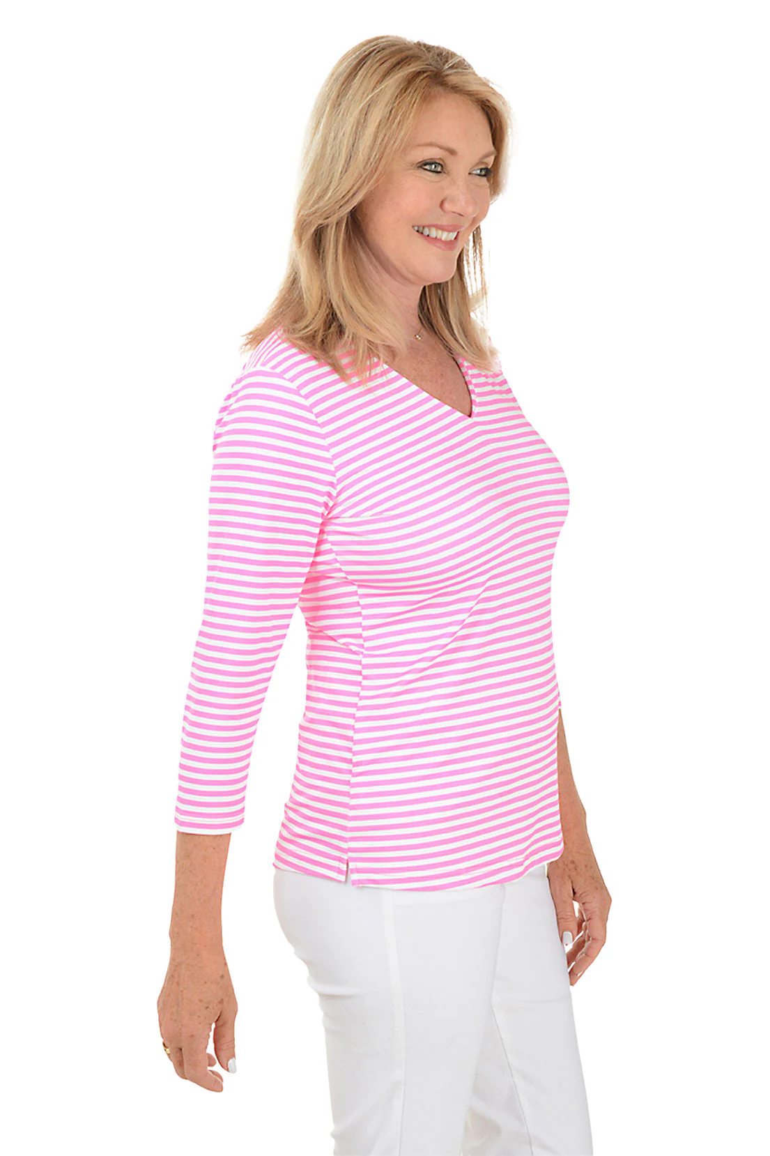 Pink Striped Classic UPF50+ V-Neck Top - Image 2