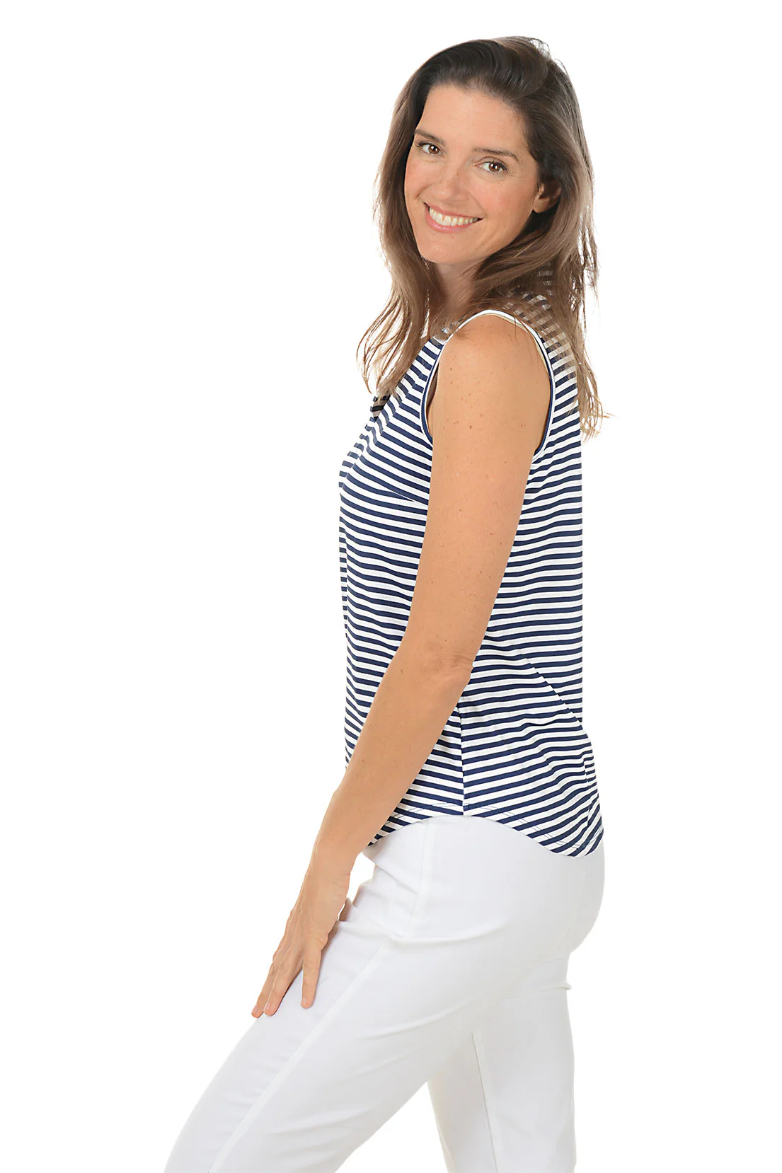 Striped UPF50+ Split Neck Sleeveless Top - Image 2
