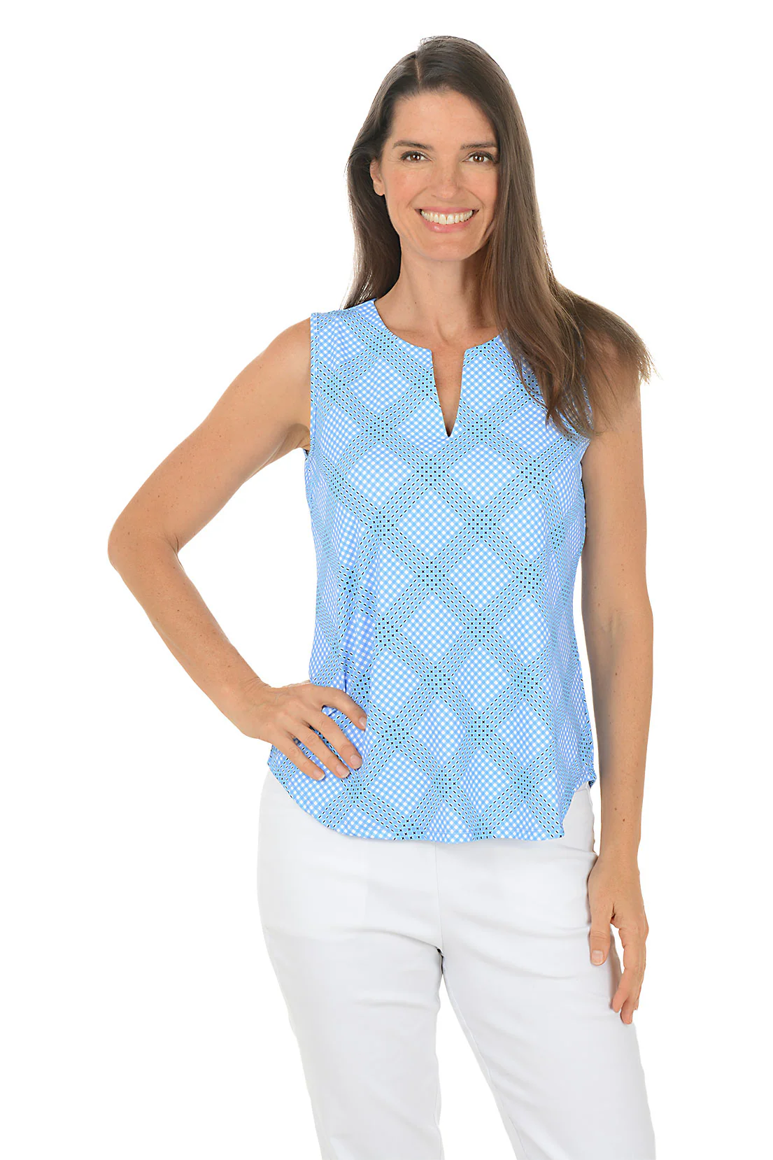 Periwinkle Gingham UPF50+ Split Neck Sleeveless Top - Image 2