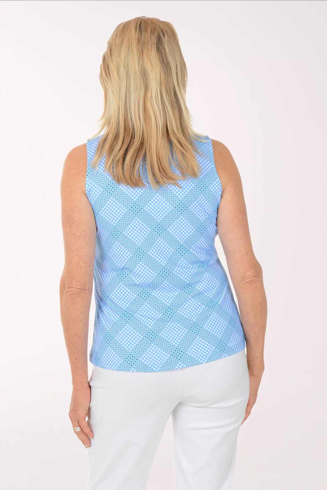 Periwinkle Gingham UPF50+ Ruffled Sleeveless Top - Image 3