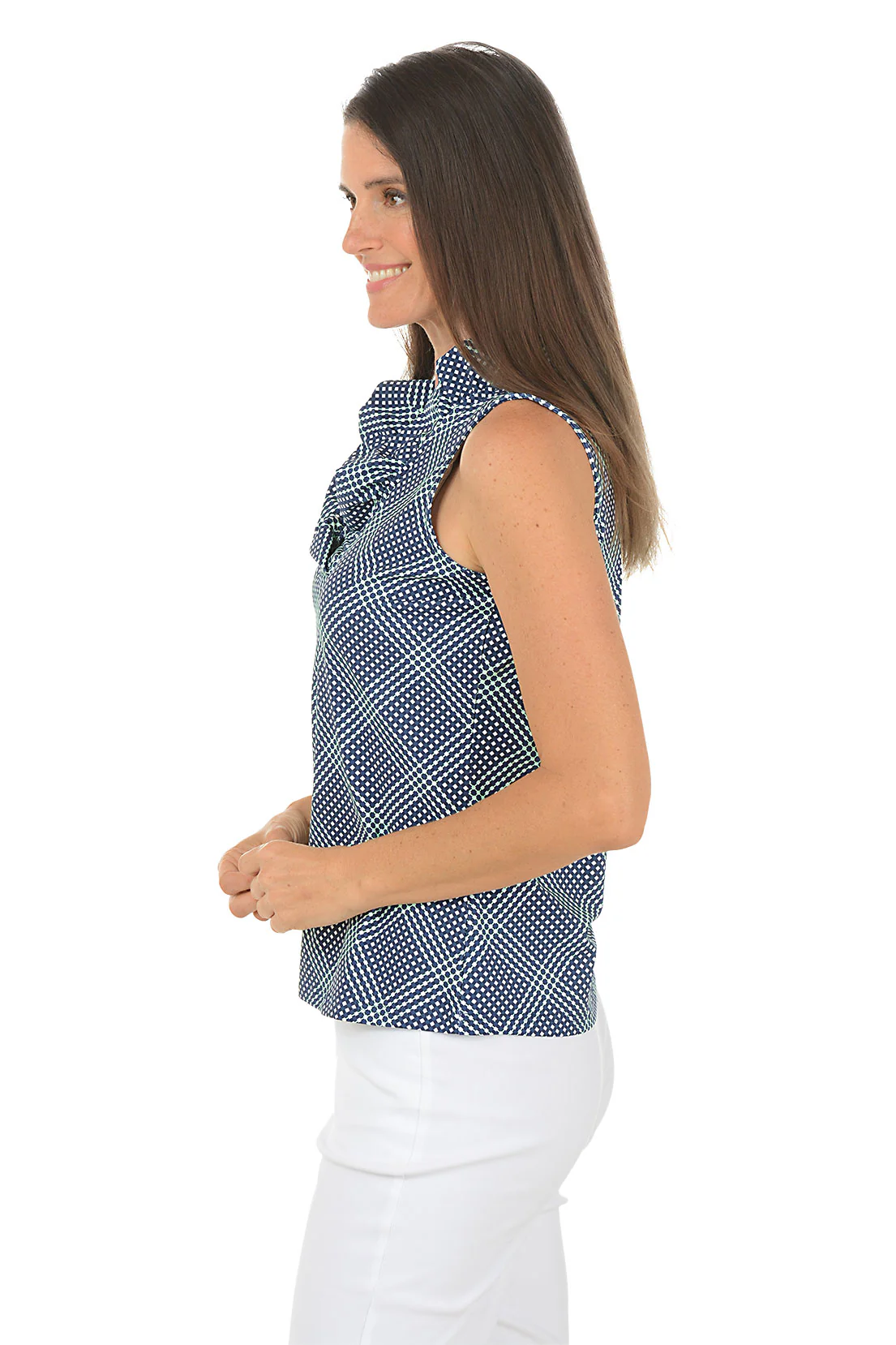 Navy Gingham UPF50+ Ruffled Sleeveless Top - Image 2