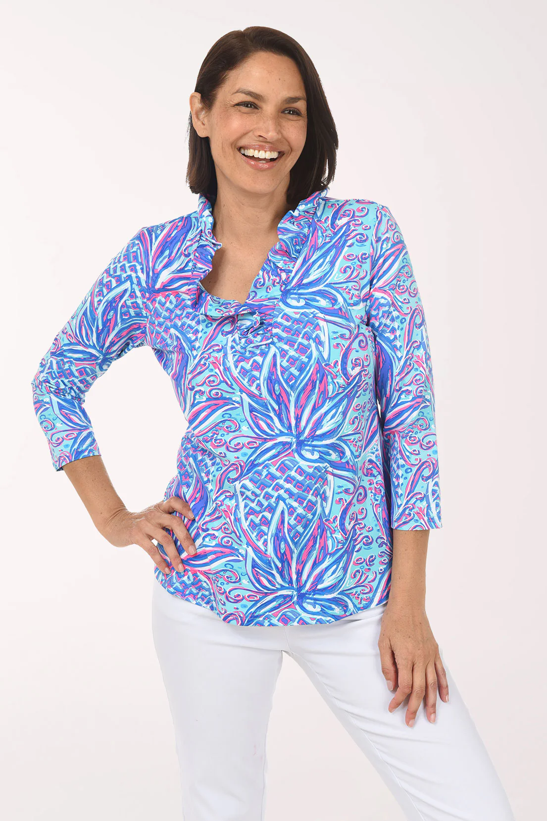 Colorful Pineapple UPF50+ Ruffle Neck Top - Image 4