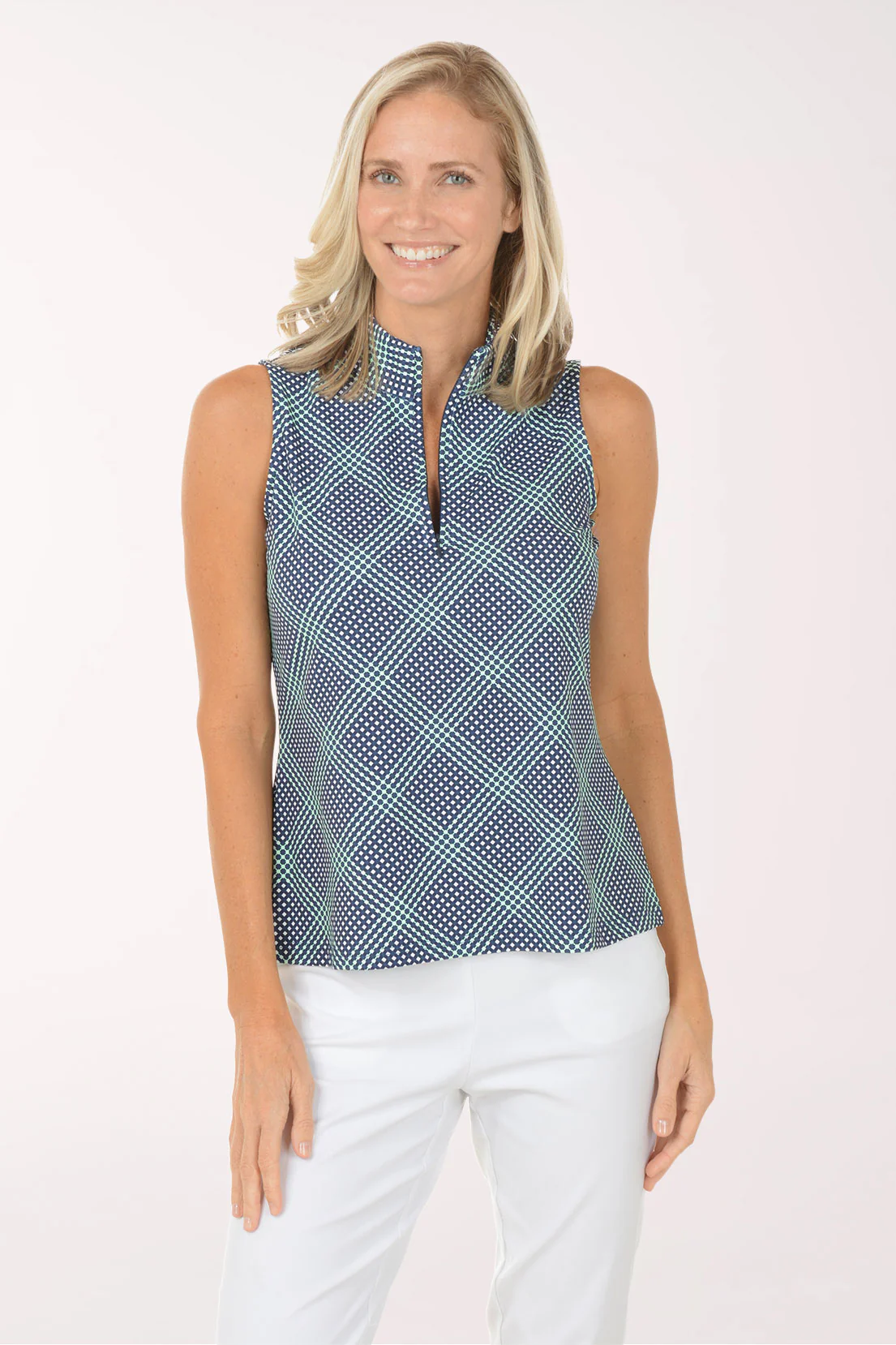 Navy Gingham UPF50+ Sleeveless Zip Top