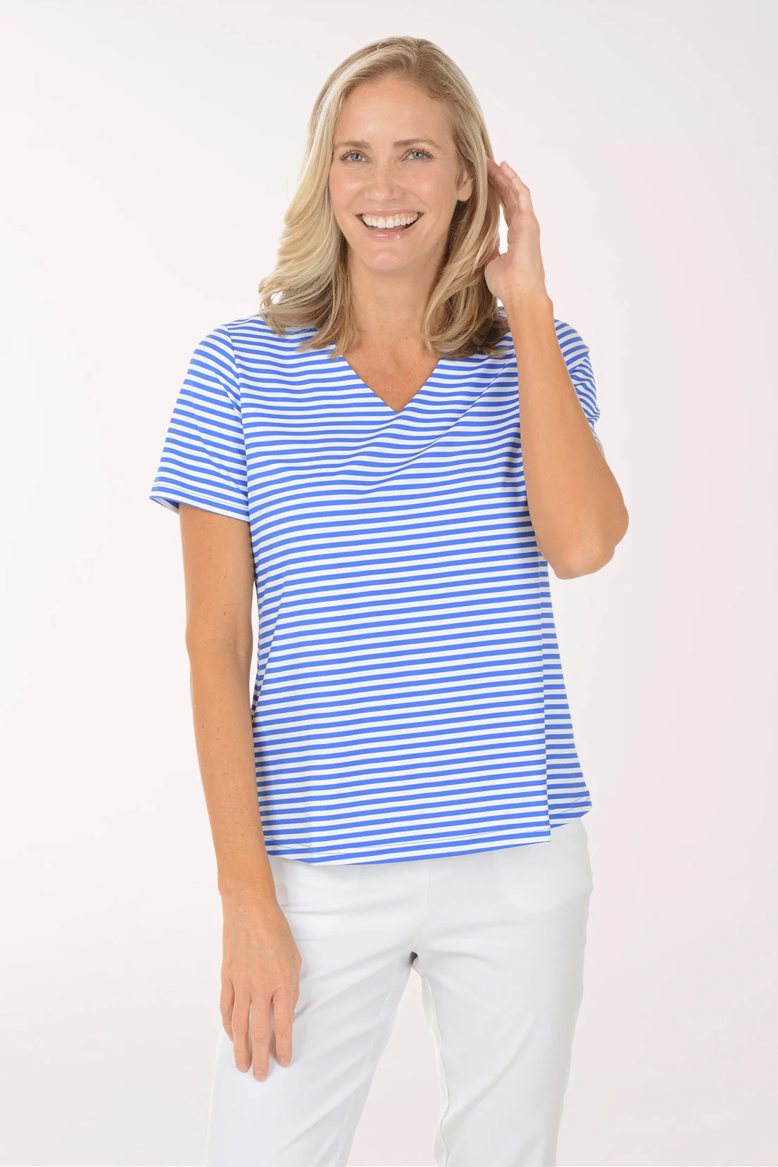 Striped UPF50+ V-Neck Short Sleeve Top