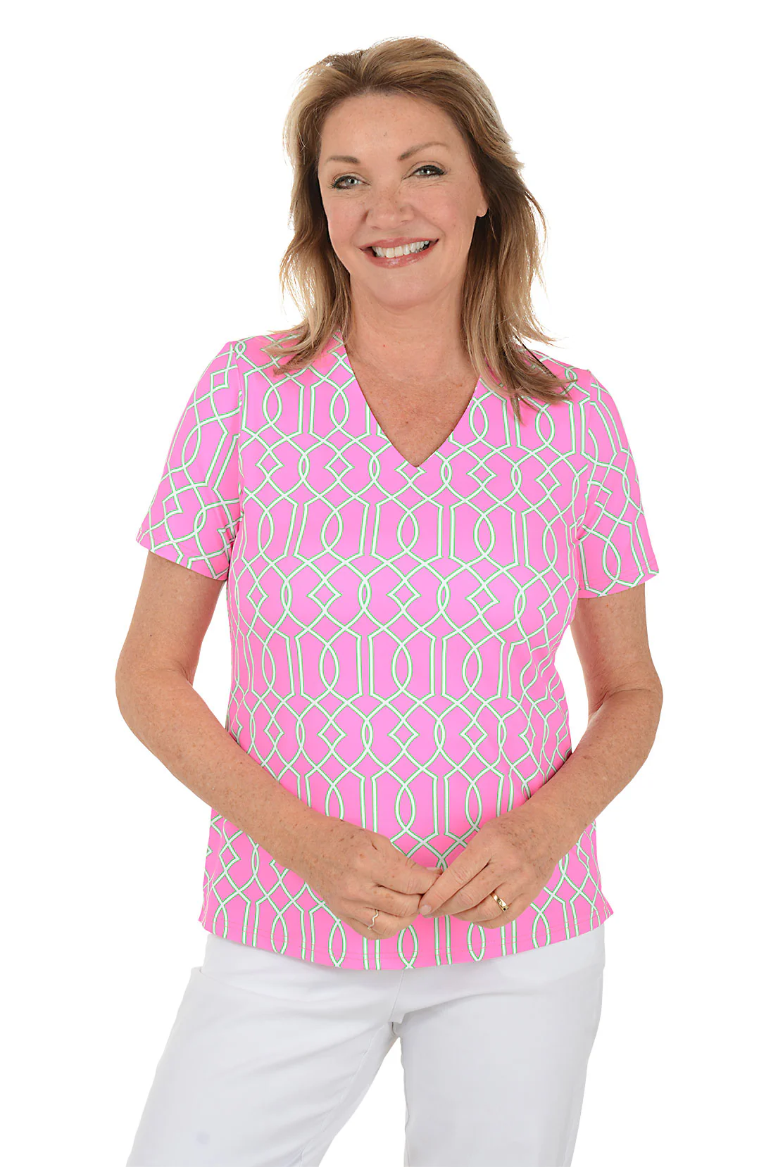 Pink Lattice UPF50+ V-Neck Short Sleeve Top
