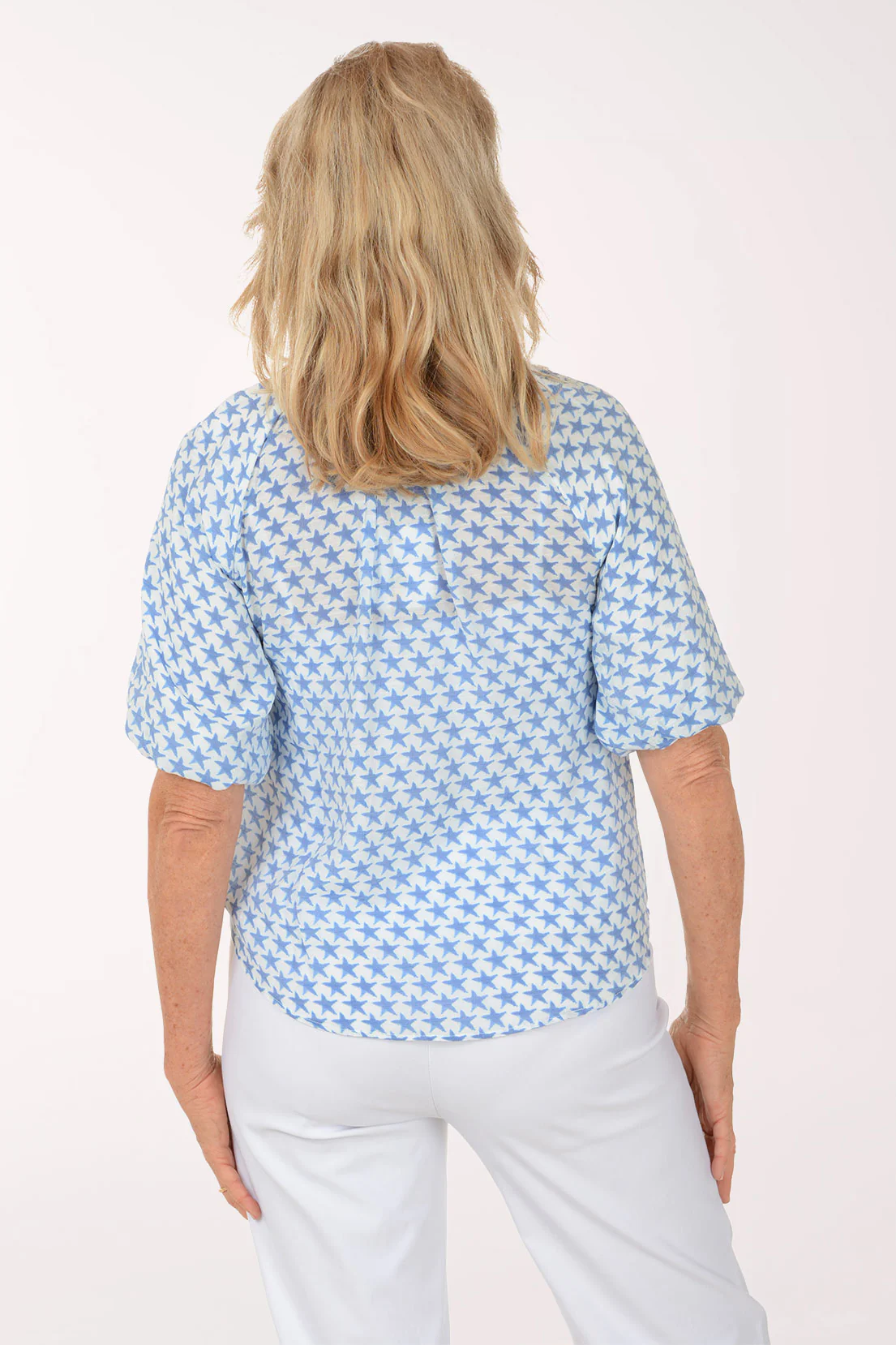 Blue Stars Puffed Sleeve Tie-Front Shirt - Image 3
