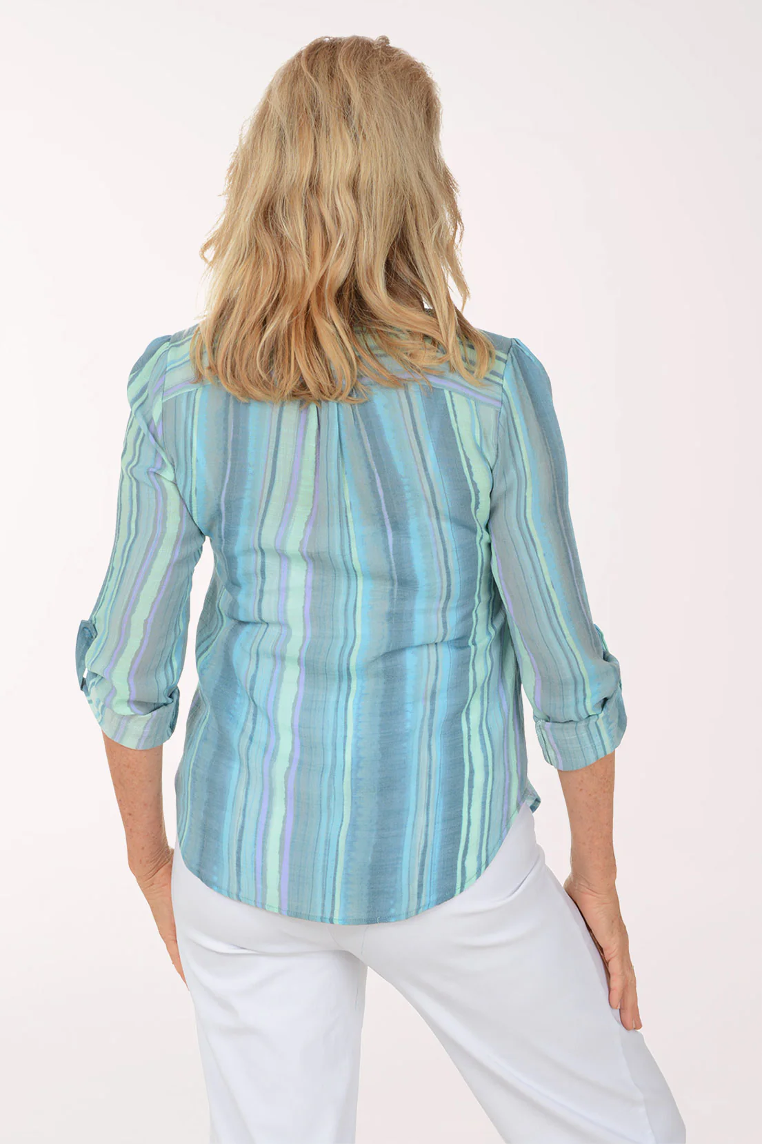 Aruba Blue Stripe Pleated Roll Sleeve Blouse - Image 4