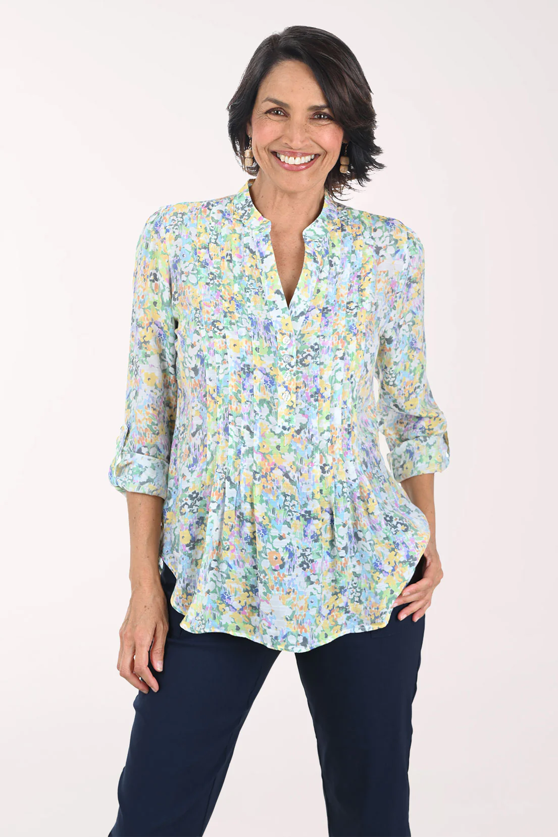 Wildflowers Pleated Roll Sleeve Blouse