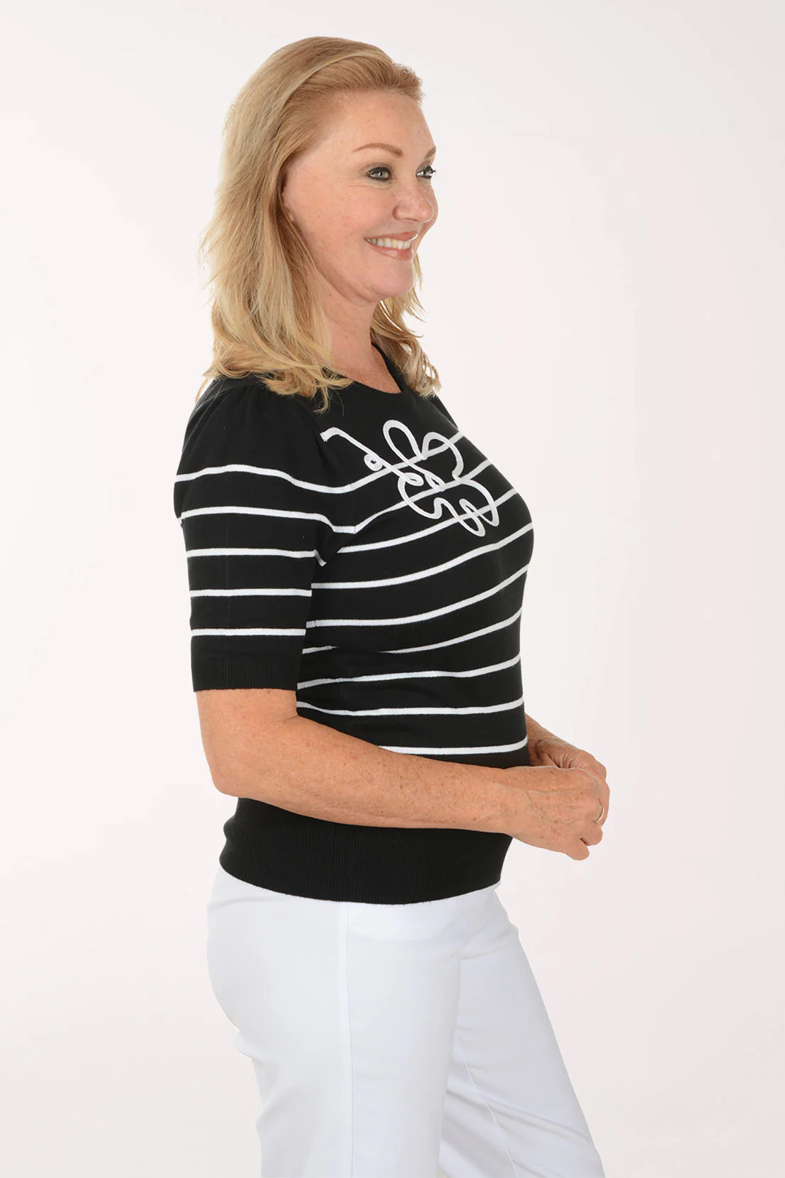 Black Looping Floral Striped Short Sleeve Sweater - Image 2