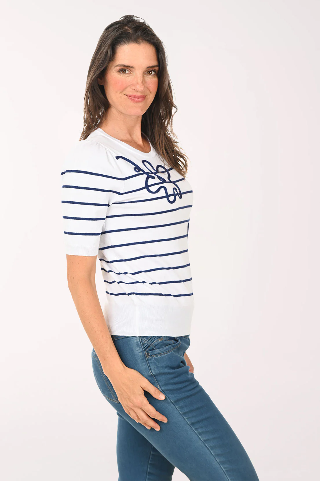 White Looping Floral Striped Short Sleeve Sweater - Image 2