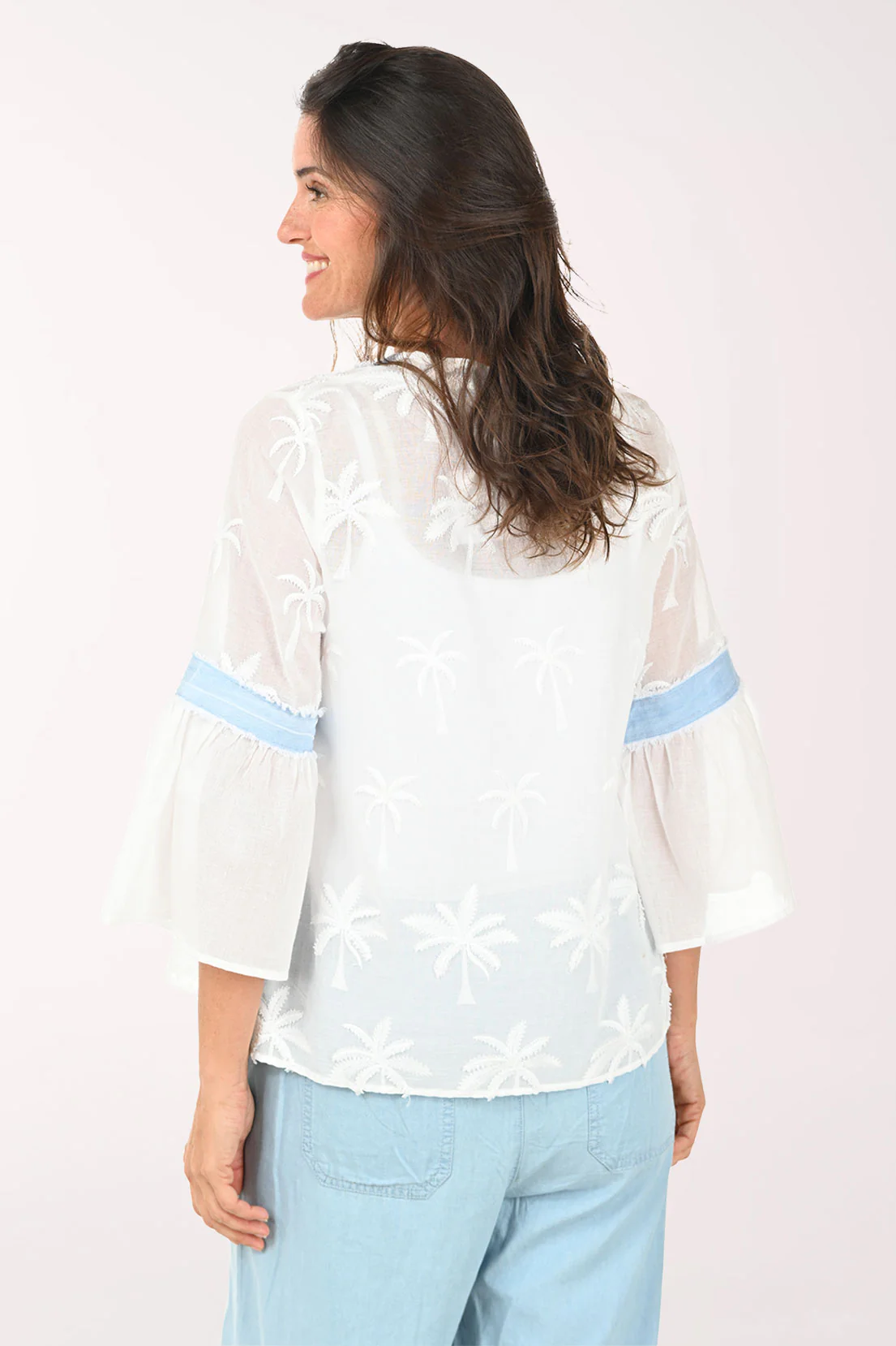 Palm Tree Jacquard Sheer V-Neck Blouse - Image 5