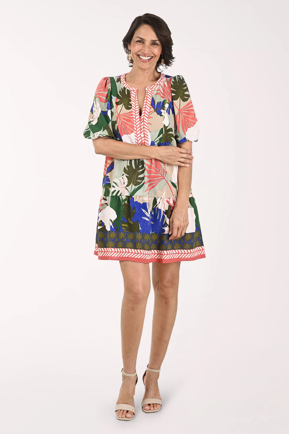 Tropical Leaves Puffed Sleeve Tiered Dress - Image 2
