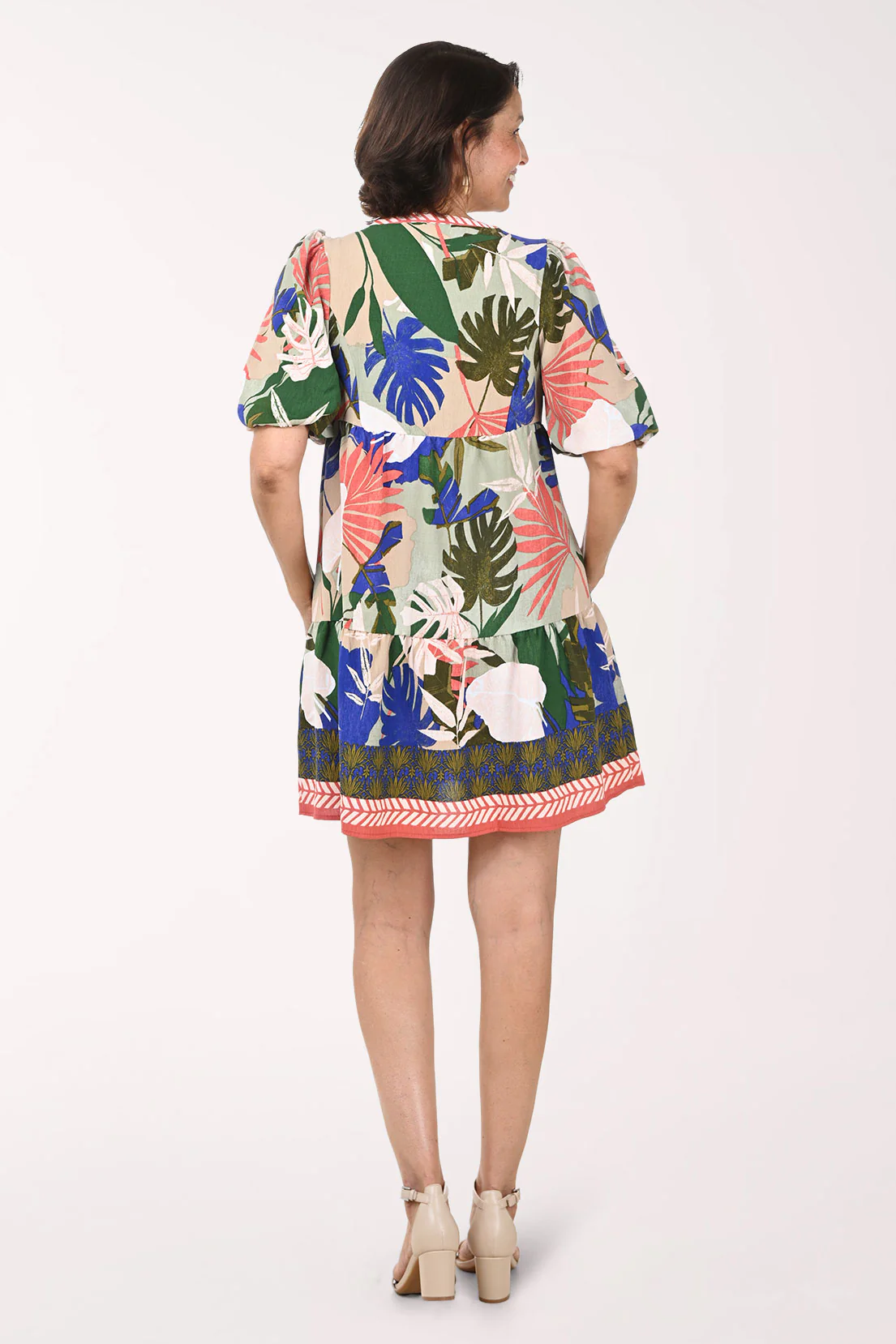 Tropical Leaves Puffed Sleeve Tiered Dress - Image 6