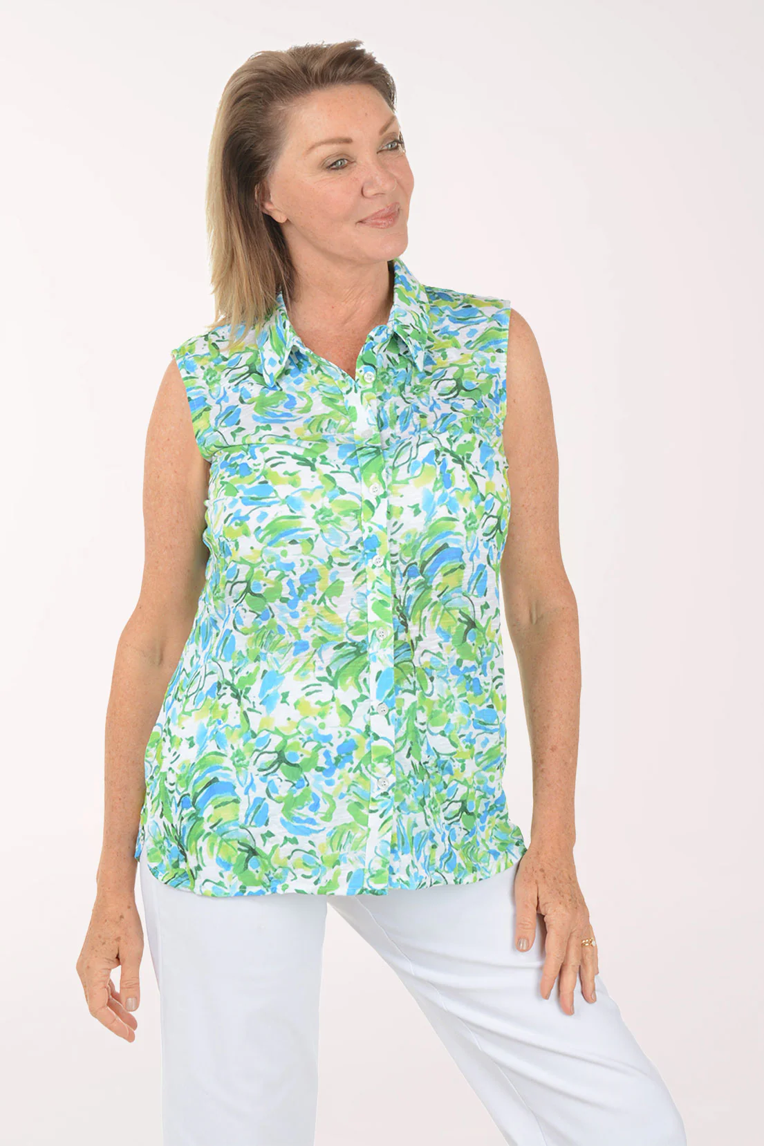 Spring Leaves Sleeveless Button-Front Knit Top