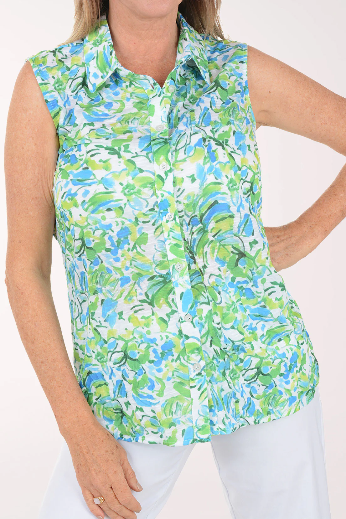 Spring Leaves Sleeveless Button-Front Knit Top - Image 4