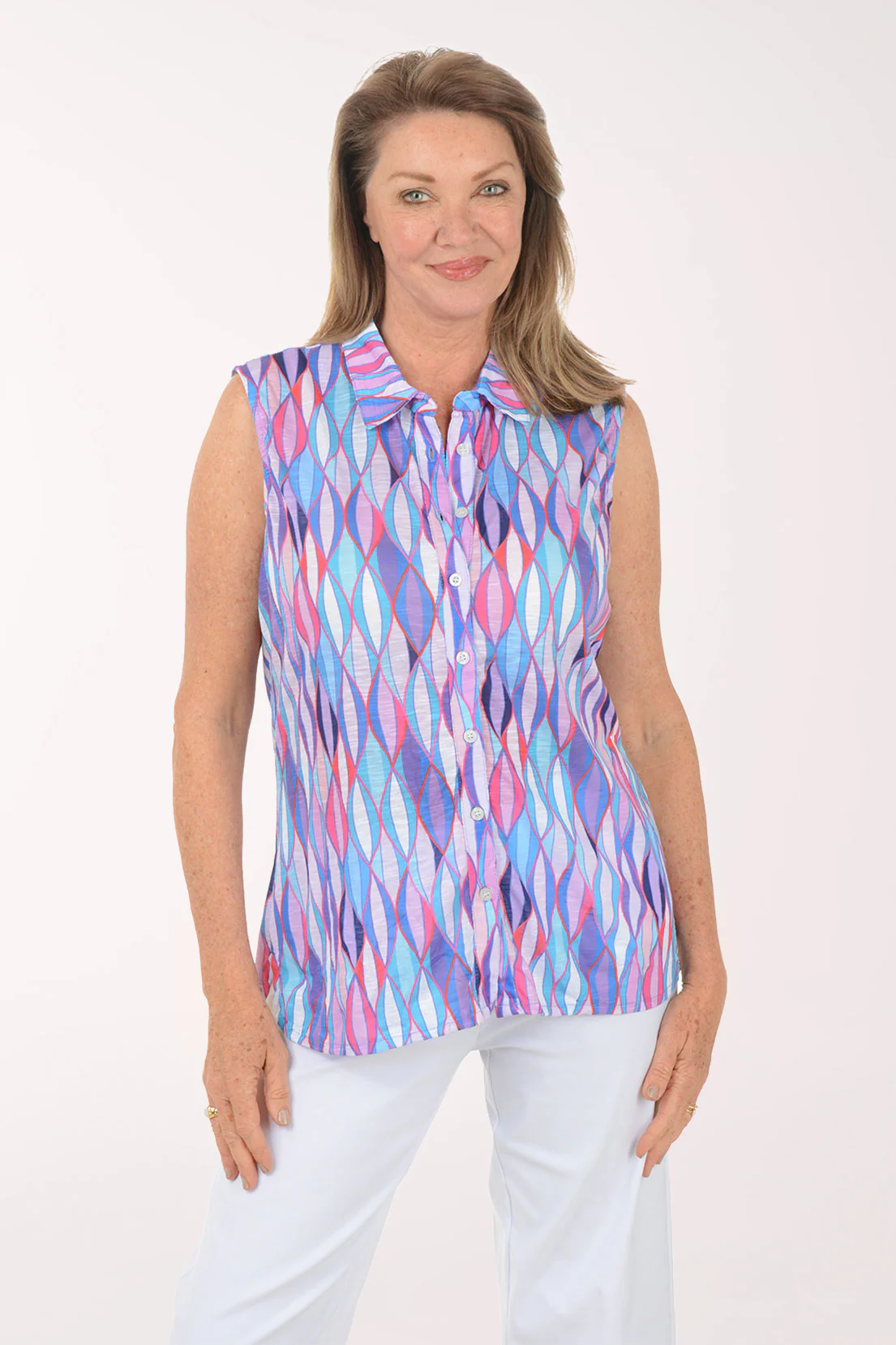 Purple Waves Sleeveless Button-Front Knit Top