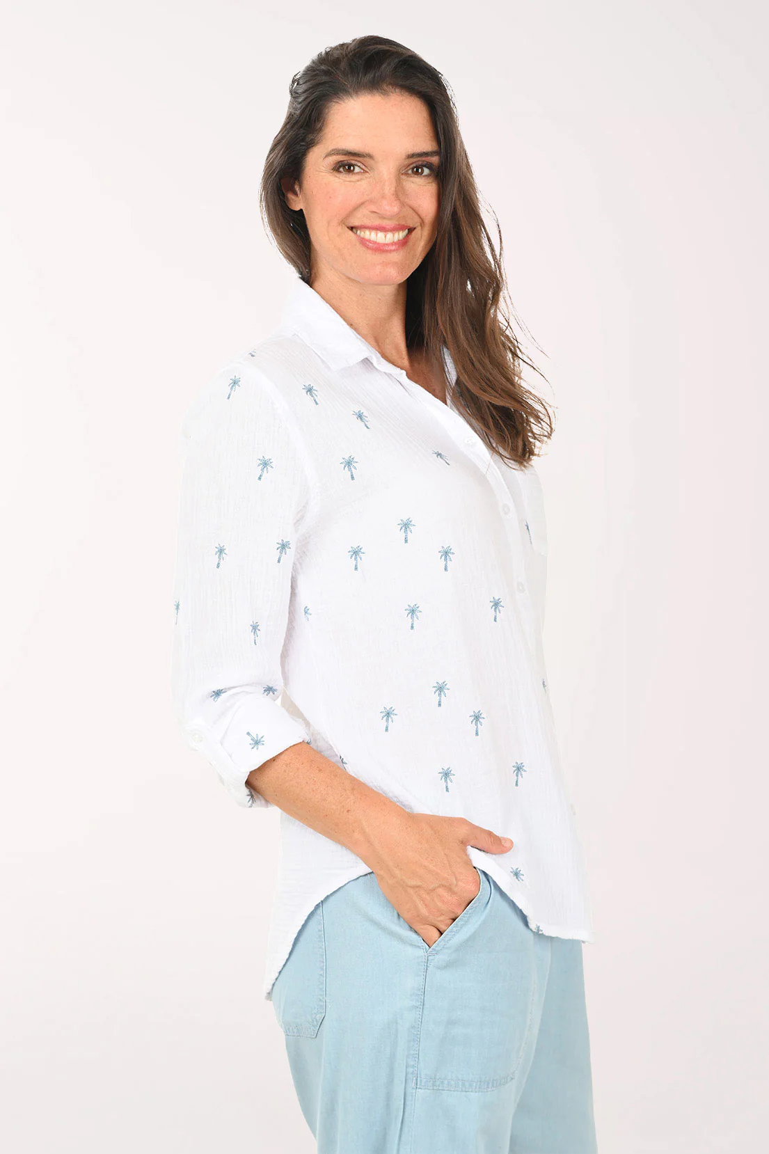 Embroidered Palm Tree Bubble Gauze Shirt - Image 2