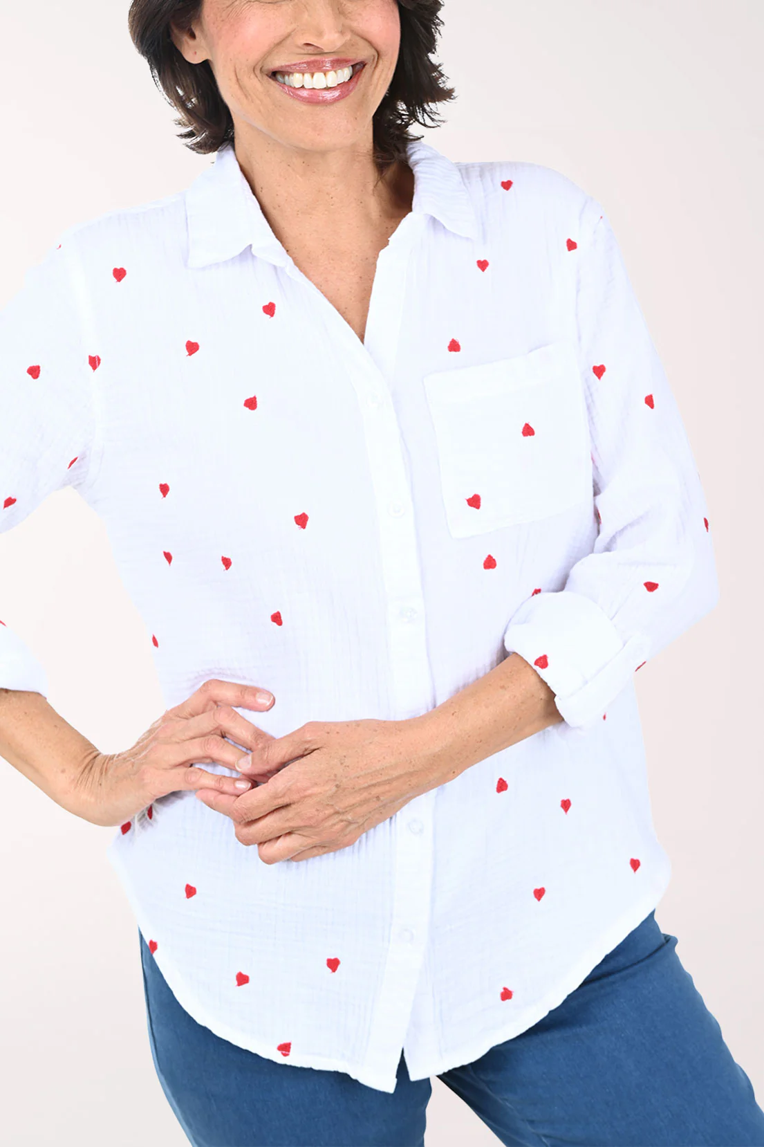 Embroidered Hearts Bubble Gauze Shirt - Image 2