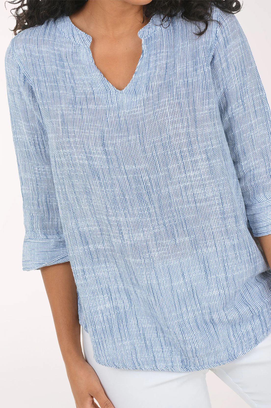 Striped Cotton Split Neck Blouse - Image 5
