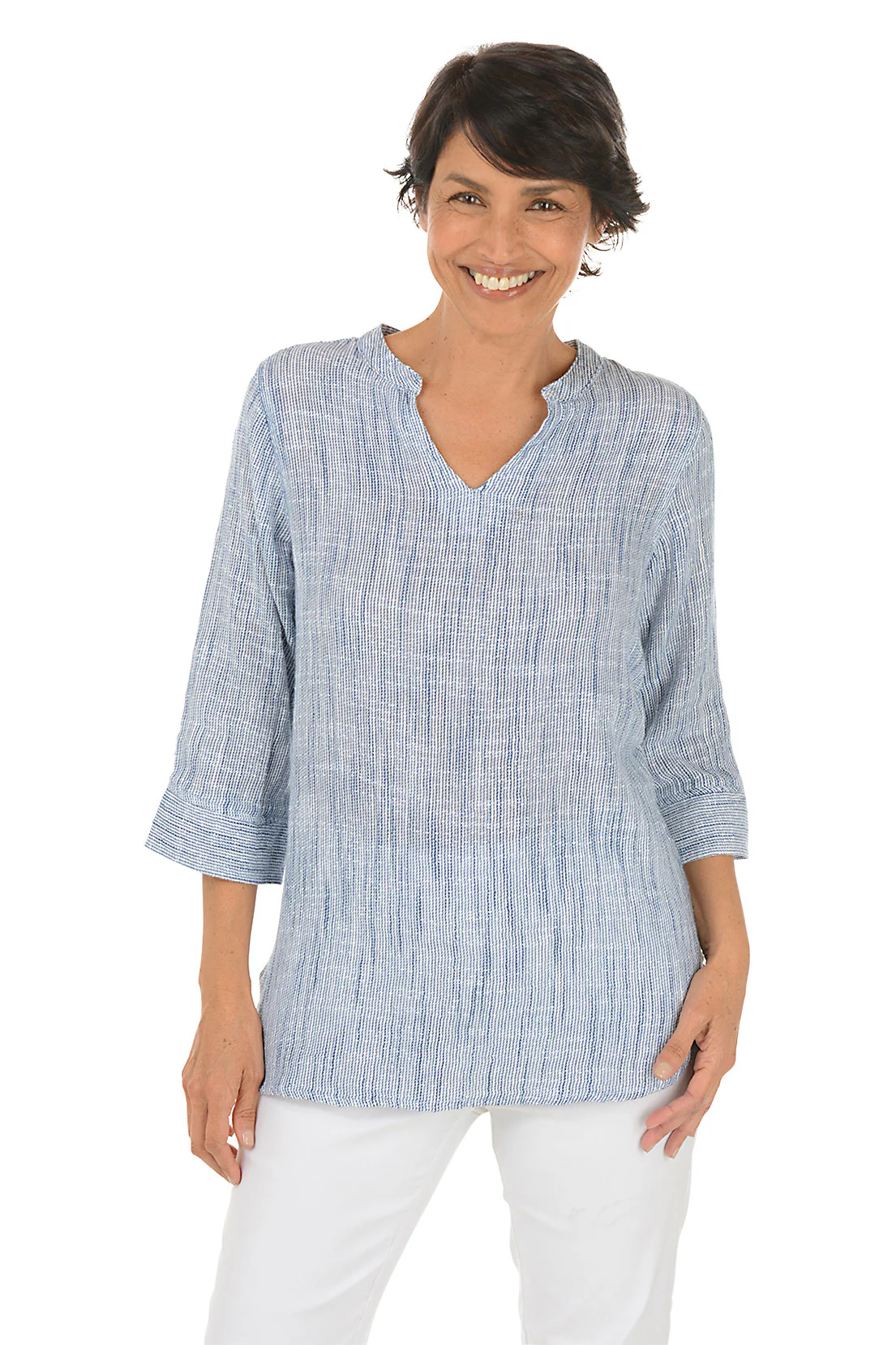 Striped Cotton Split Neck Blouse - Image 7